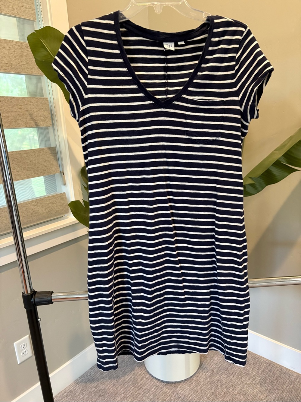 GAP Navy and White Striped V-Neck Tee Dress